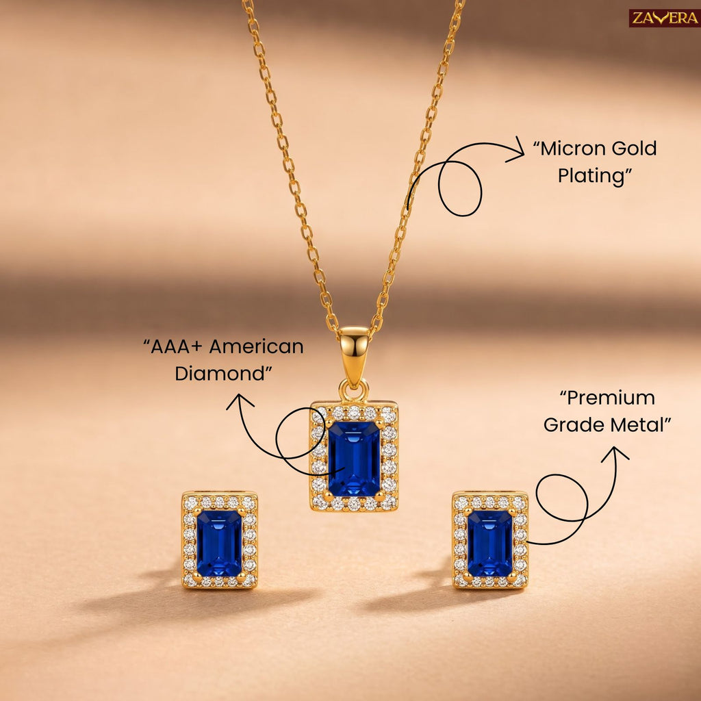 Zavera Rectangular Blue Crystal Halo Pendant Necklace and Earring Set for Women