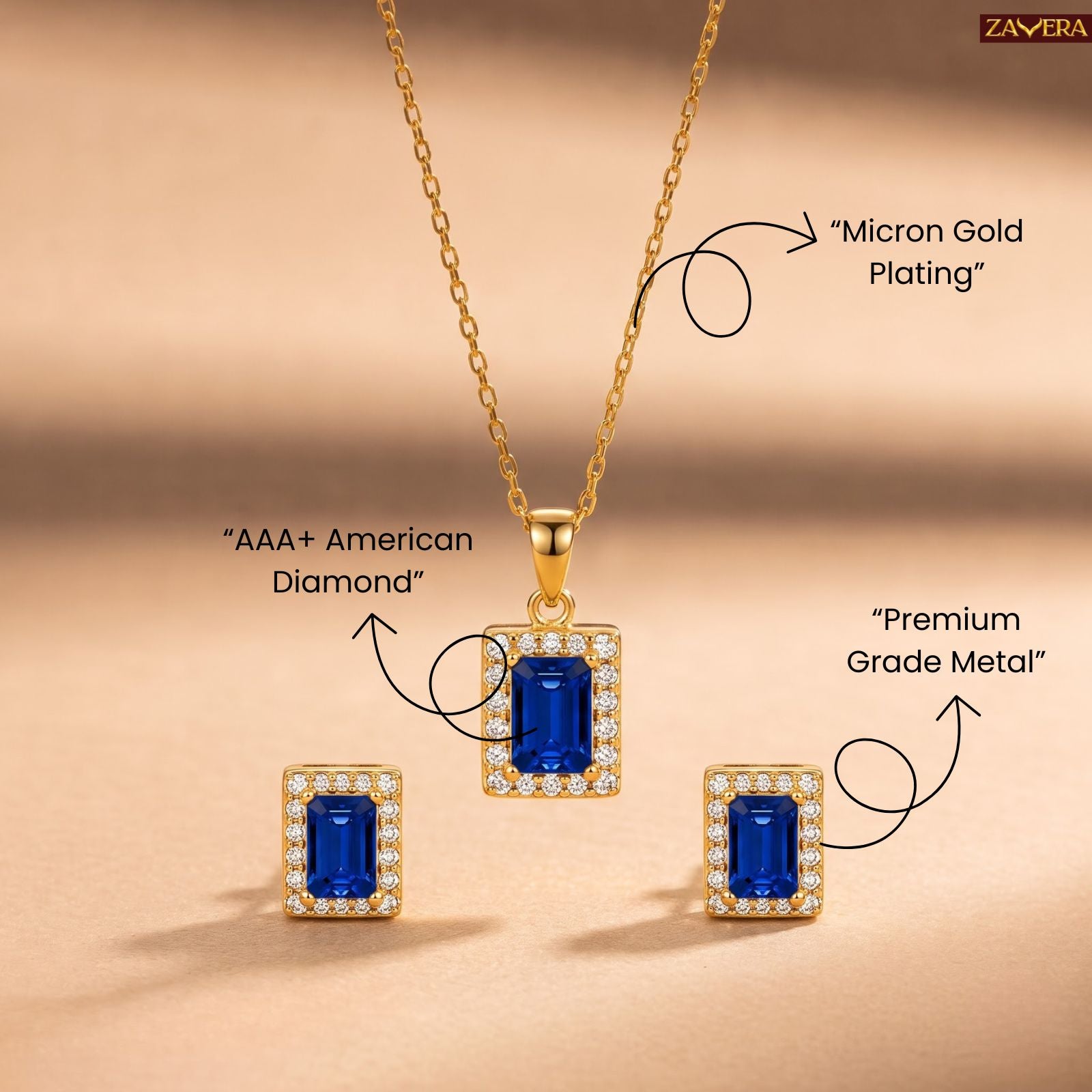Zavera Rectangular Blue Crystal Halo Pendant Necklace and Earring Set for Women