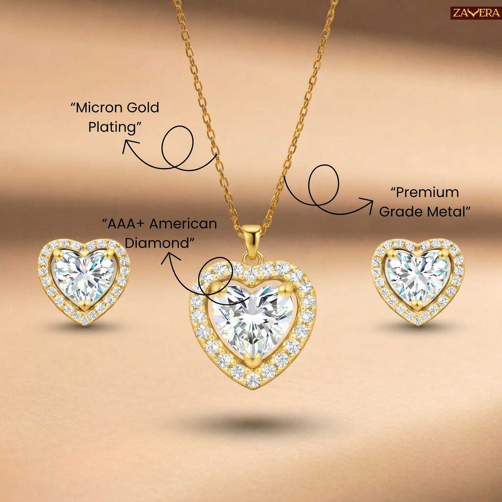 Zavera Heart Halo Diamond Gold Plated Pendant Set with Earrings