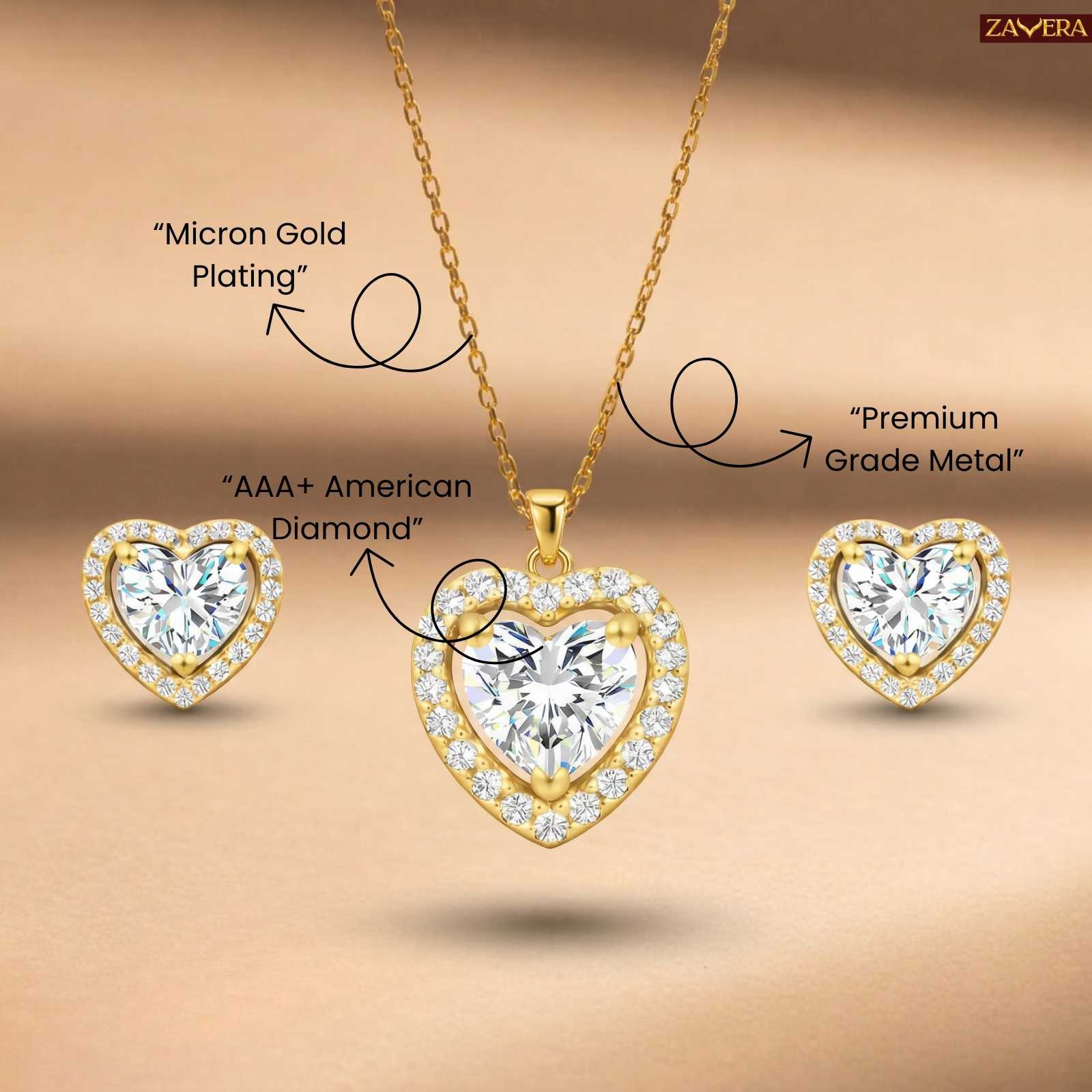 Zavera Heart Halo Diamond Gold Plated Pendant Set with Earrings