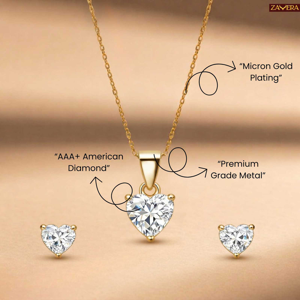 Zavera Gold Plated Crystal Heart Pendant & Stud Earrings Pendant Set