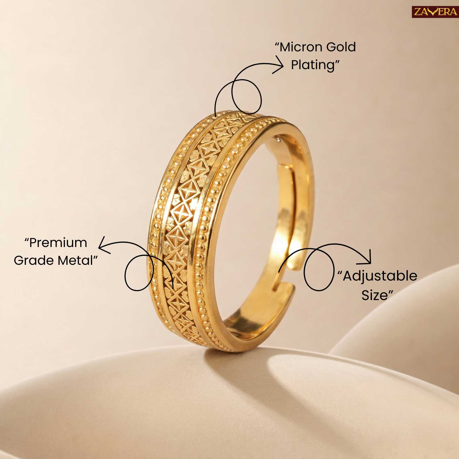 Zavera Men’s Textured Band Gold Plated Adjustable Ring