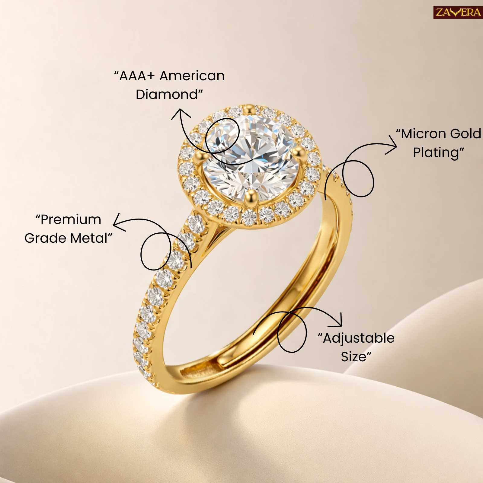 Zavera Gold Plated Classic Halo Sparkle Adjustable Ring