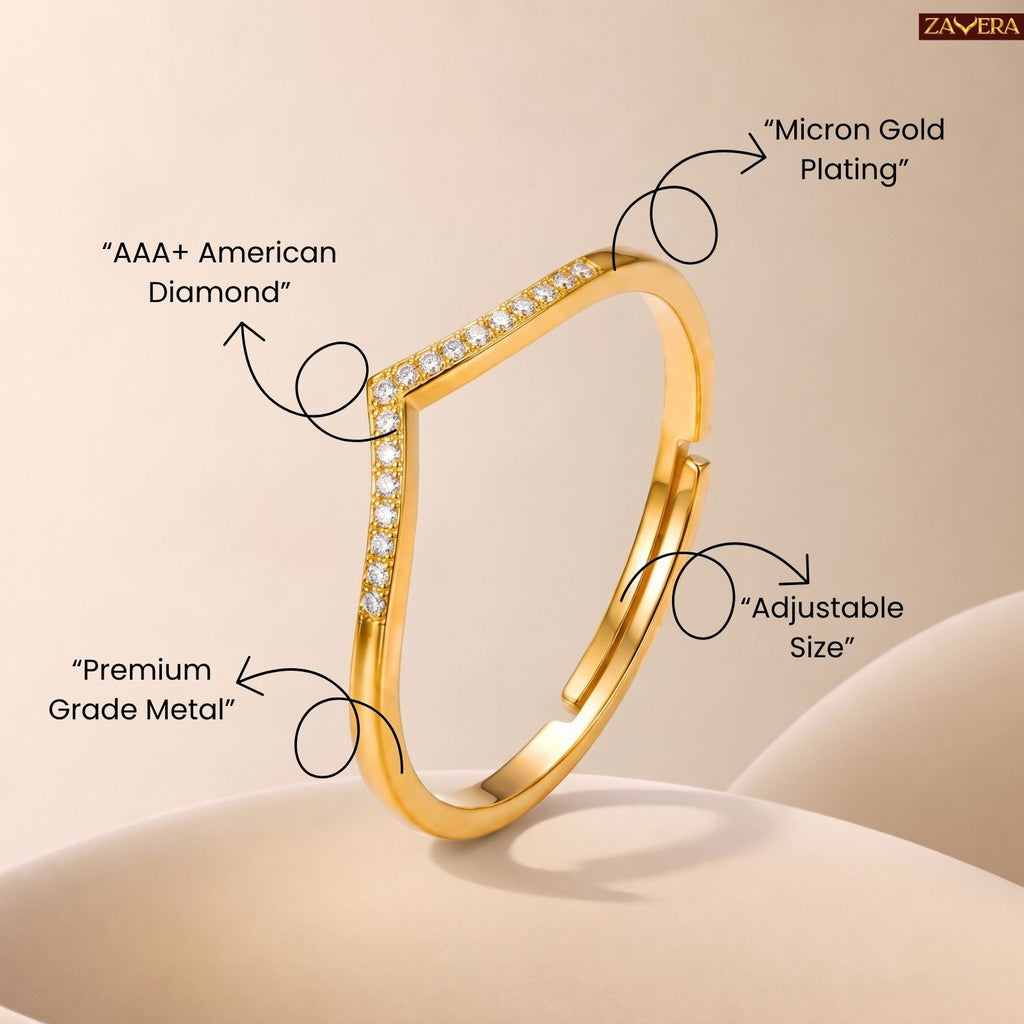 Zavera Brass 22K Adjustable V Shape Gold Plated Ring For Women