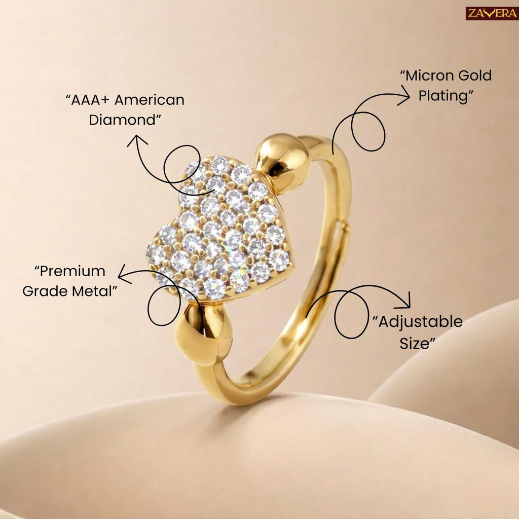 Zavera Pave Heart Diamond Gold Plated Adjustable Ring