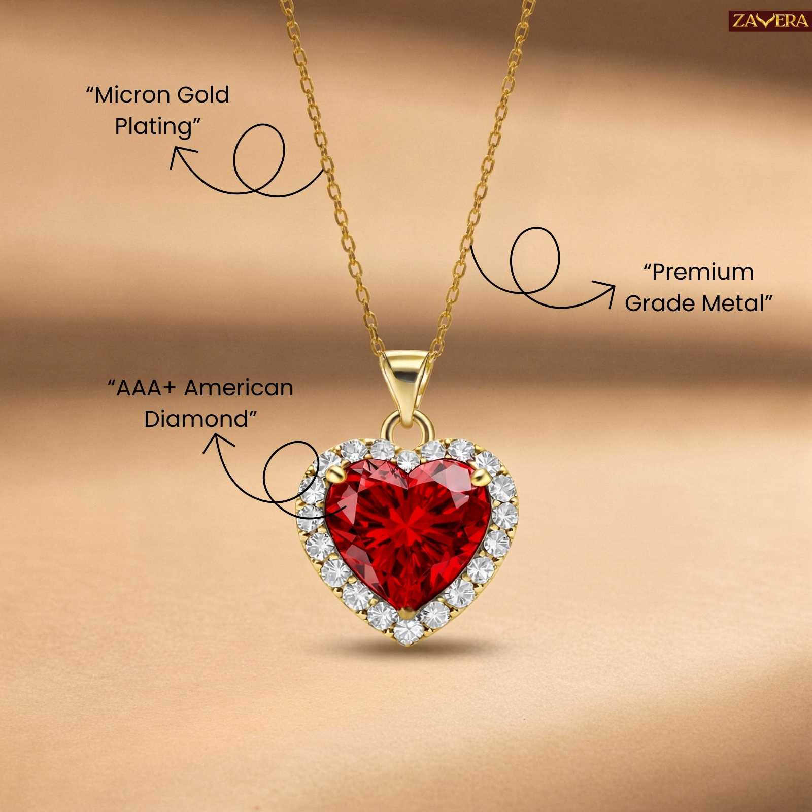Zavera Red Heart Halo Diamond Gold Plated Pendant
