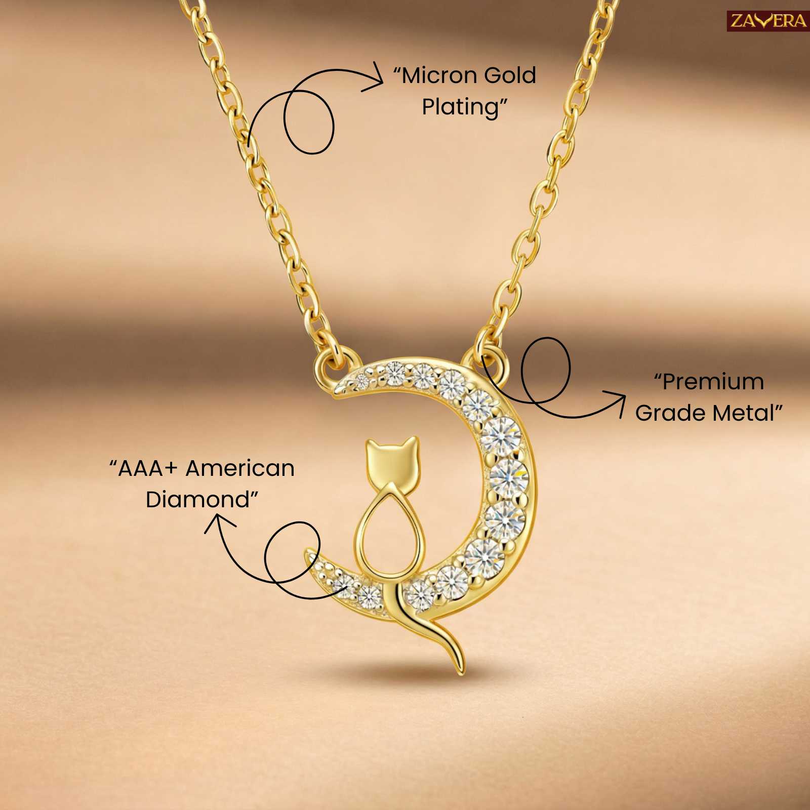 Zavera Gold Plated Crescent Moon Cat Pendant