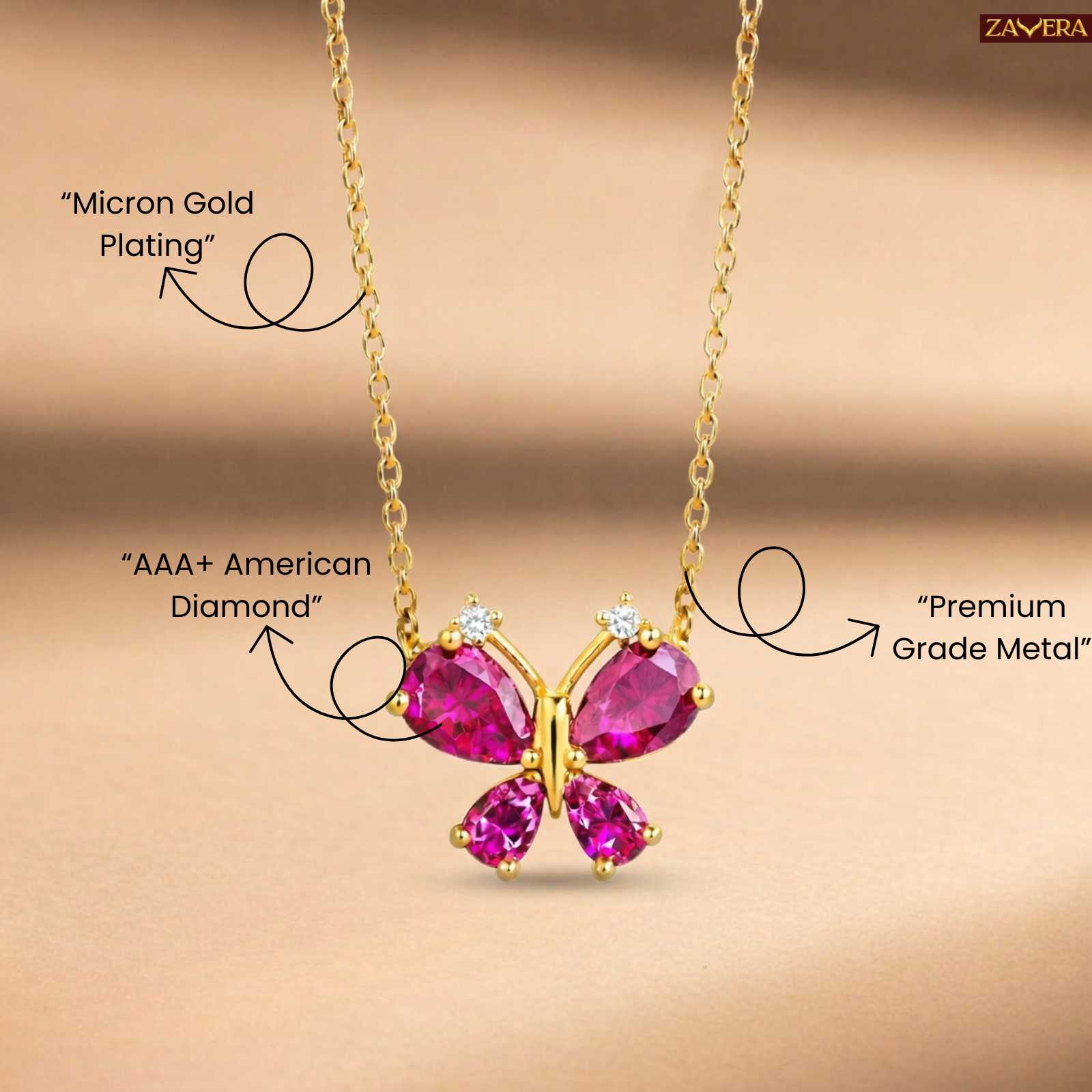 Zavera Gold Plated Pink Crystal Butterfly Pendant