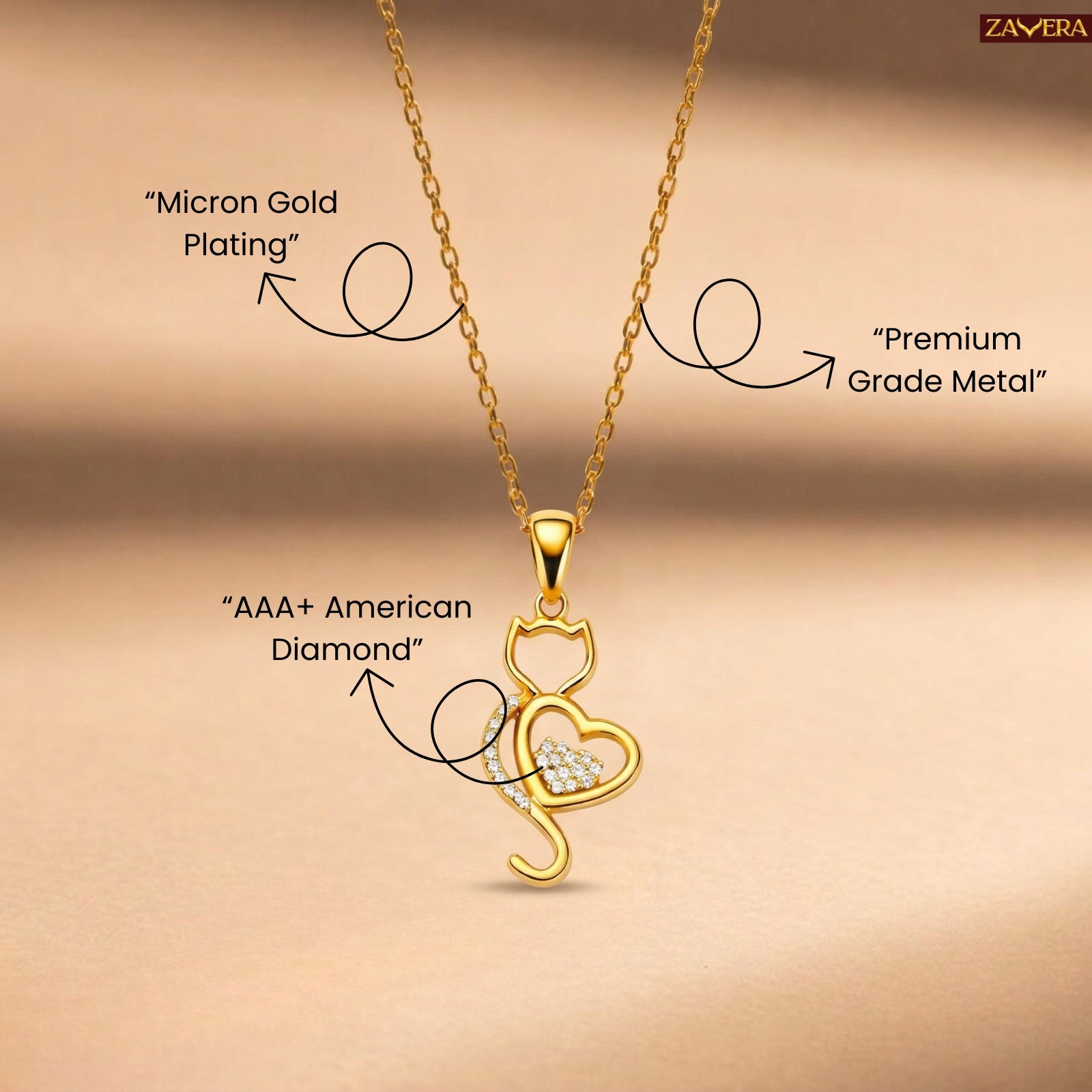 Zavera Gold Plated Designer Heart Pendant Necklace for Women