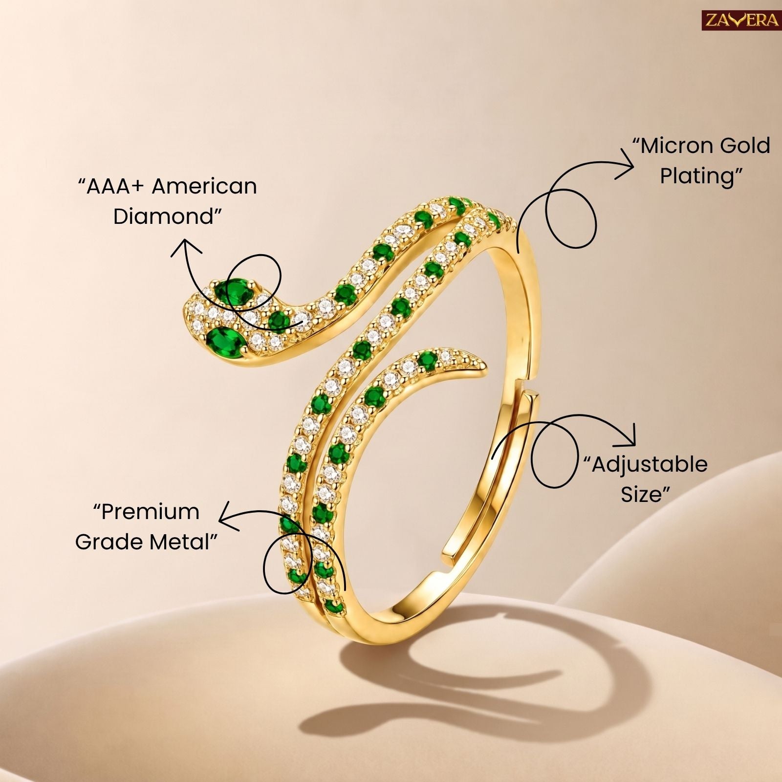 Zavera Brass 22K Plated Snake Design Gold Plated Ring For Women