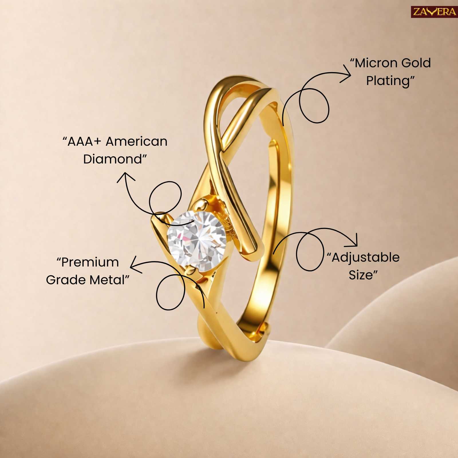 Zavera Elegant Solitaire Twist Gold Plated Adjustable Ring