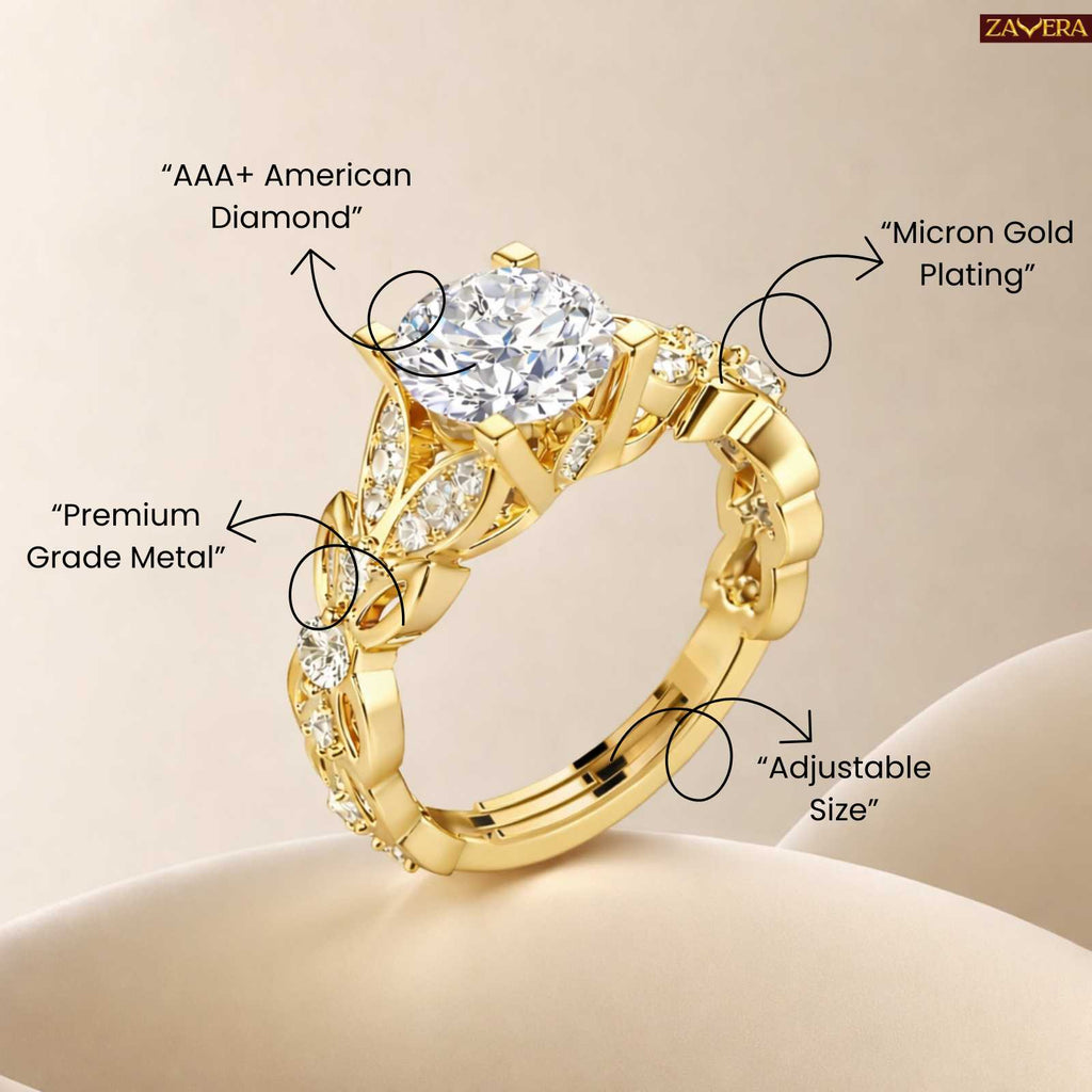 Zavera Gold Plated Floral Crown Solitaire Adjustable Ring