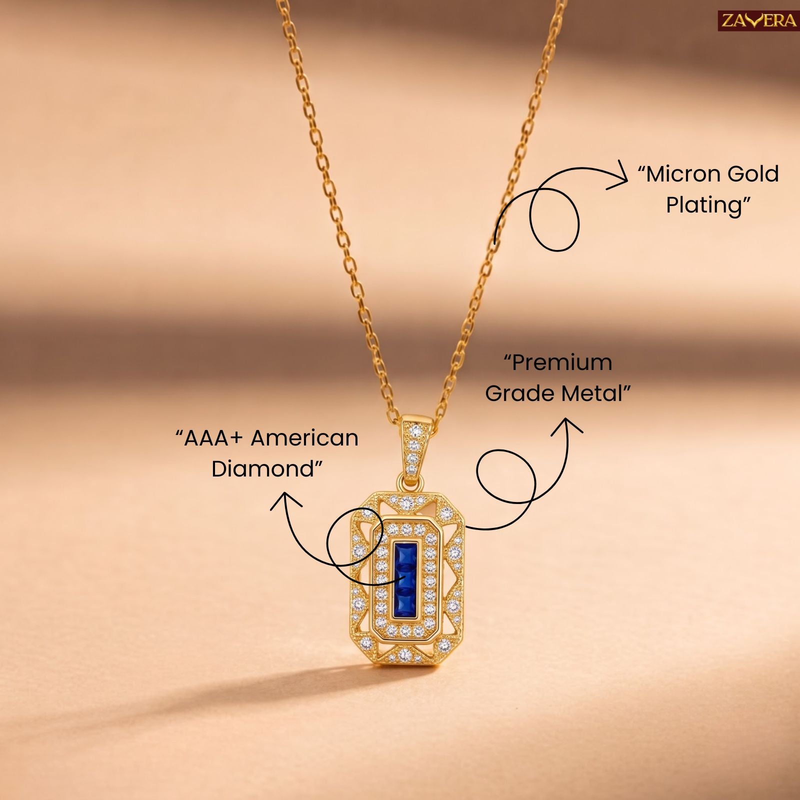 Zavera Gold Plated Art Deco Blue Sapphire CZ Pendant Necklace for Women