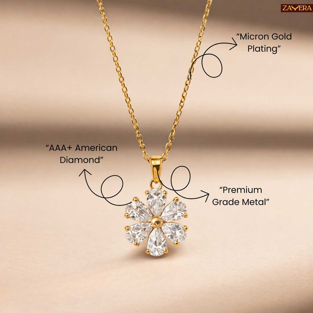 Silver Tone American Diamond Flower Pendant for Women