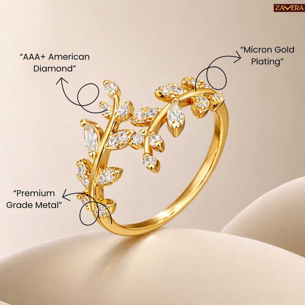 Zavera Gold Plated Leaf Branch Stone Adjustable Ring