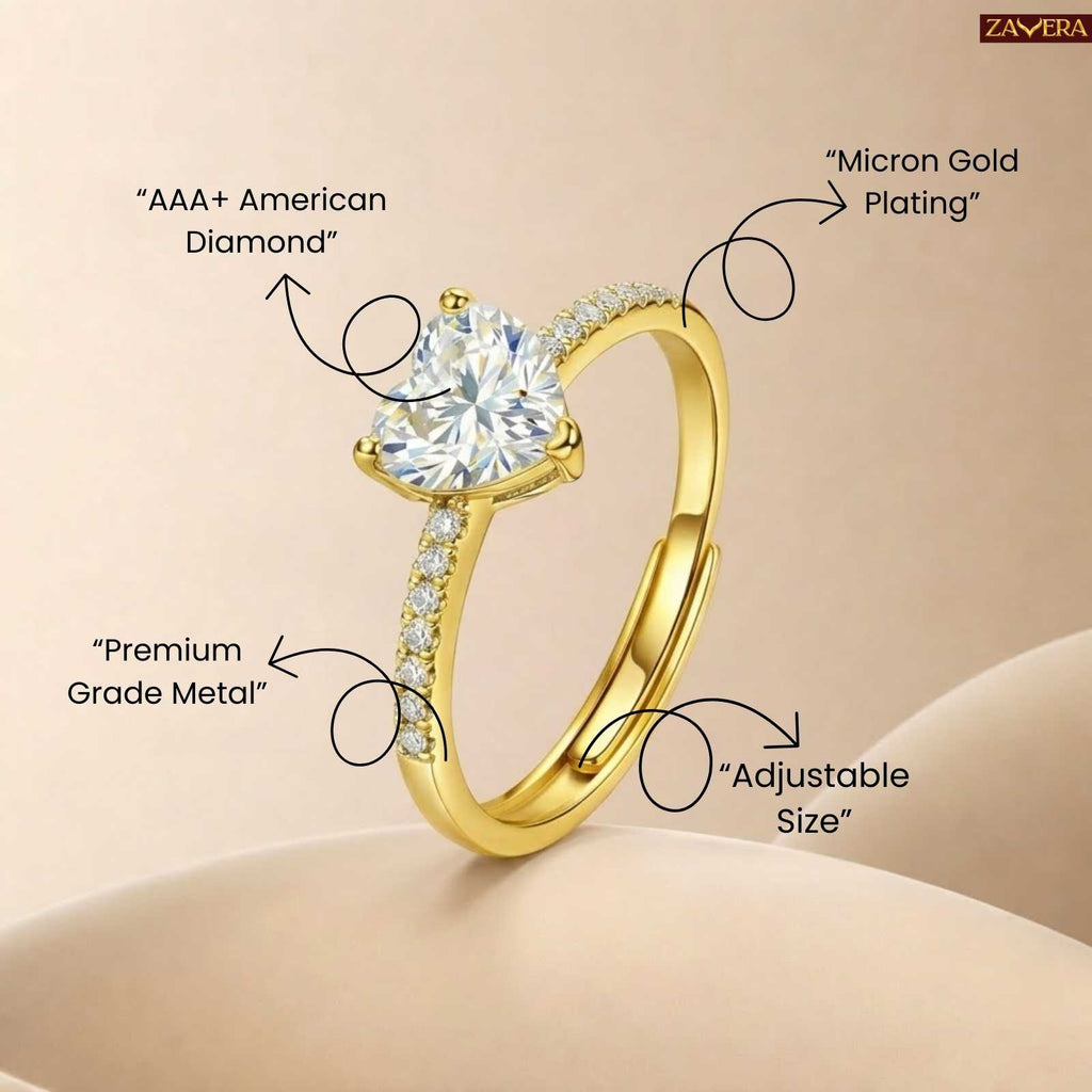 Gold Plated White Heart Cut Solitaire Adjustable Ring