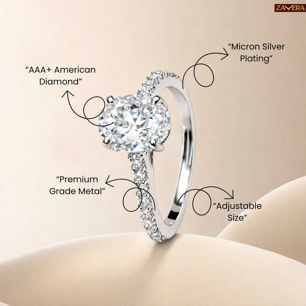 Zavera Silver Plated Oval Cut Crystal Adjustable Ring