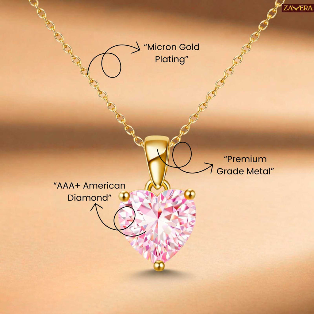 Zavera Pink Heart Shape Crystal Pendant Gold Plated