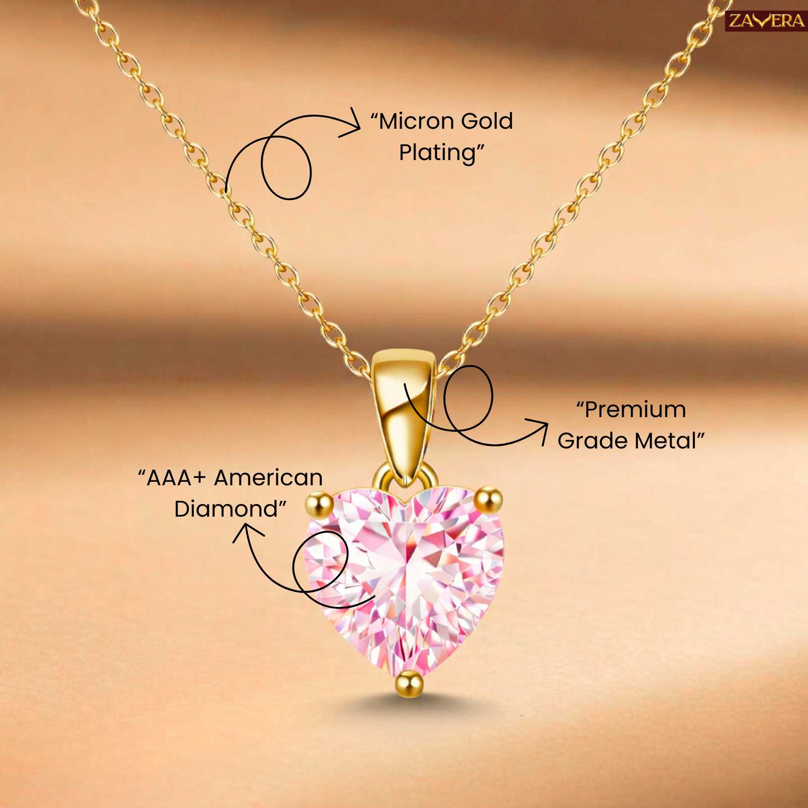 Zavera Pink Heart Shape Crystal Pendant Gold Plated