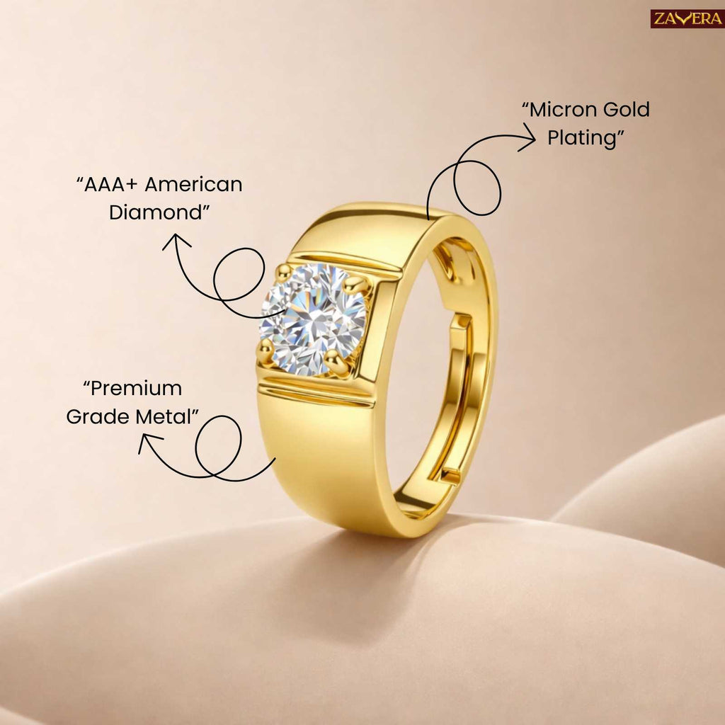 Zavera Men Round Solitaire Crystal Adjustable Ring Gold Plated