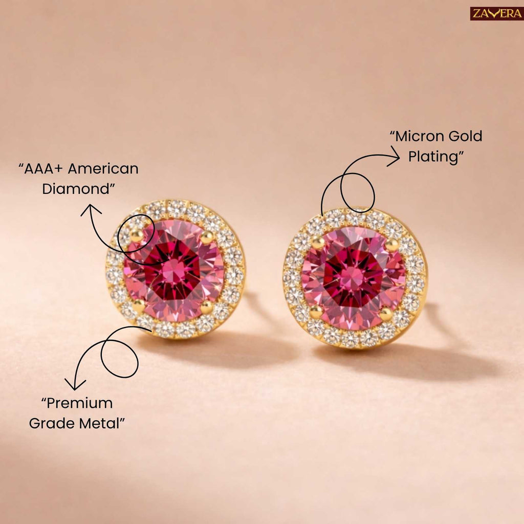 Zavera Pink Halo Gold Plated Stud Earrings