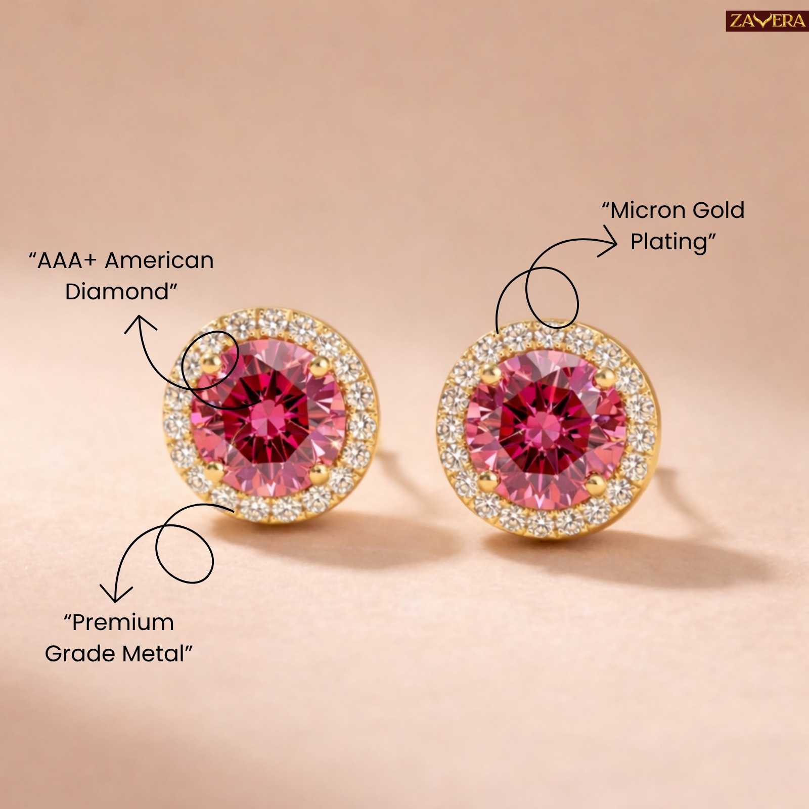 Zavera Pink Halo Gold Plated Stud Earrings