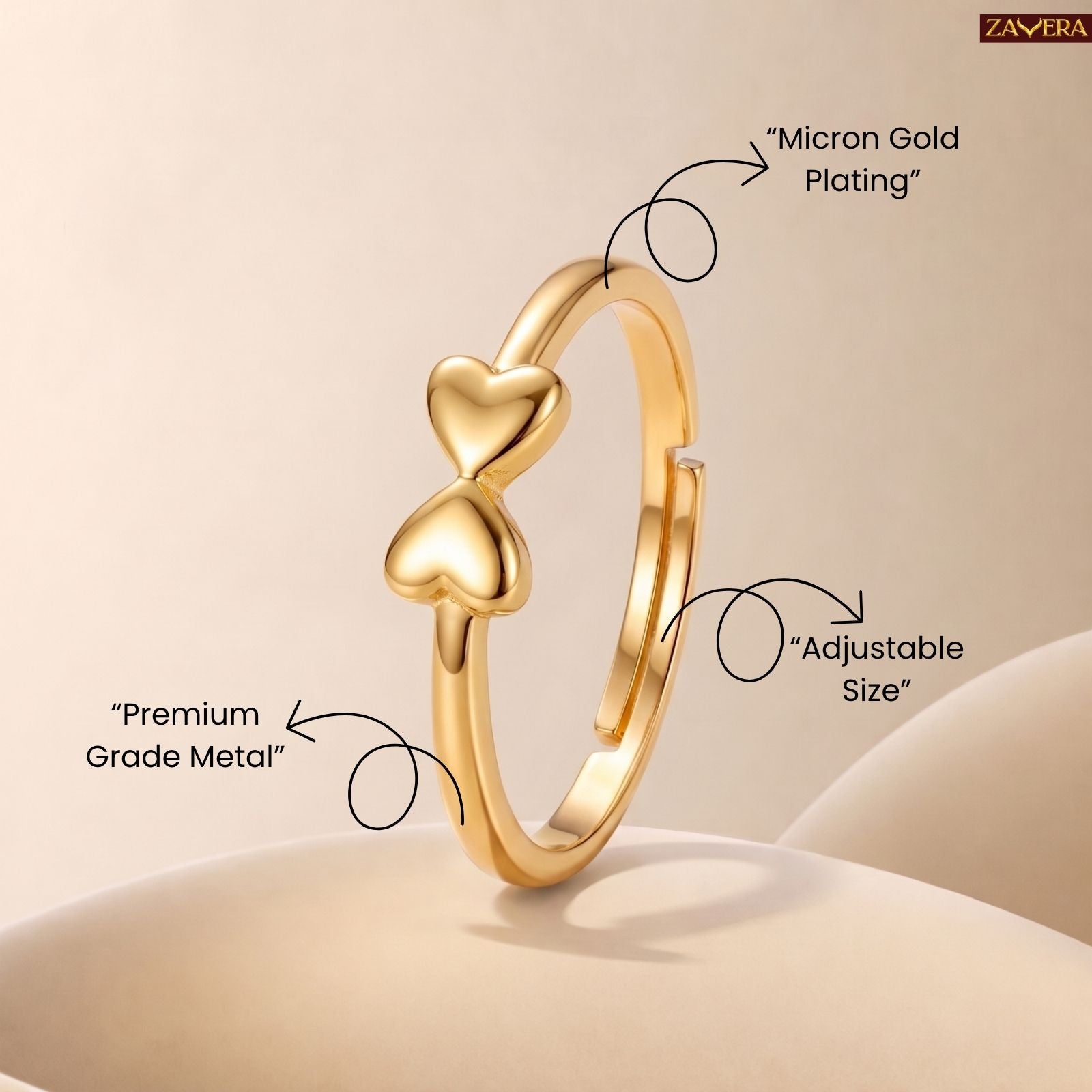 Zavera Brass 22K Cute Twin Heart Gold Plated Ring For Women