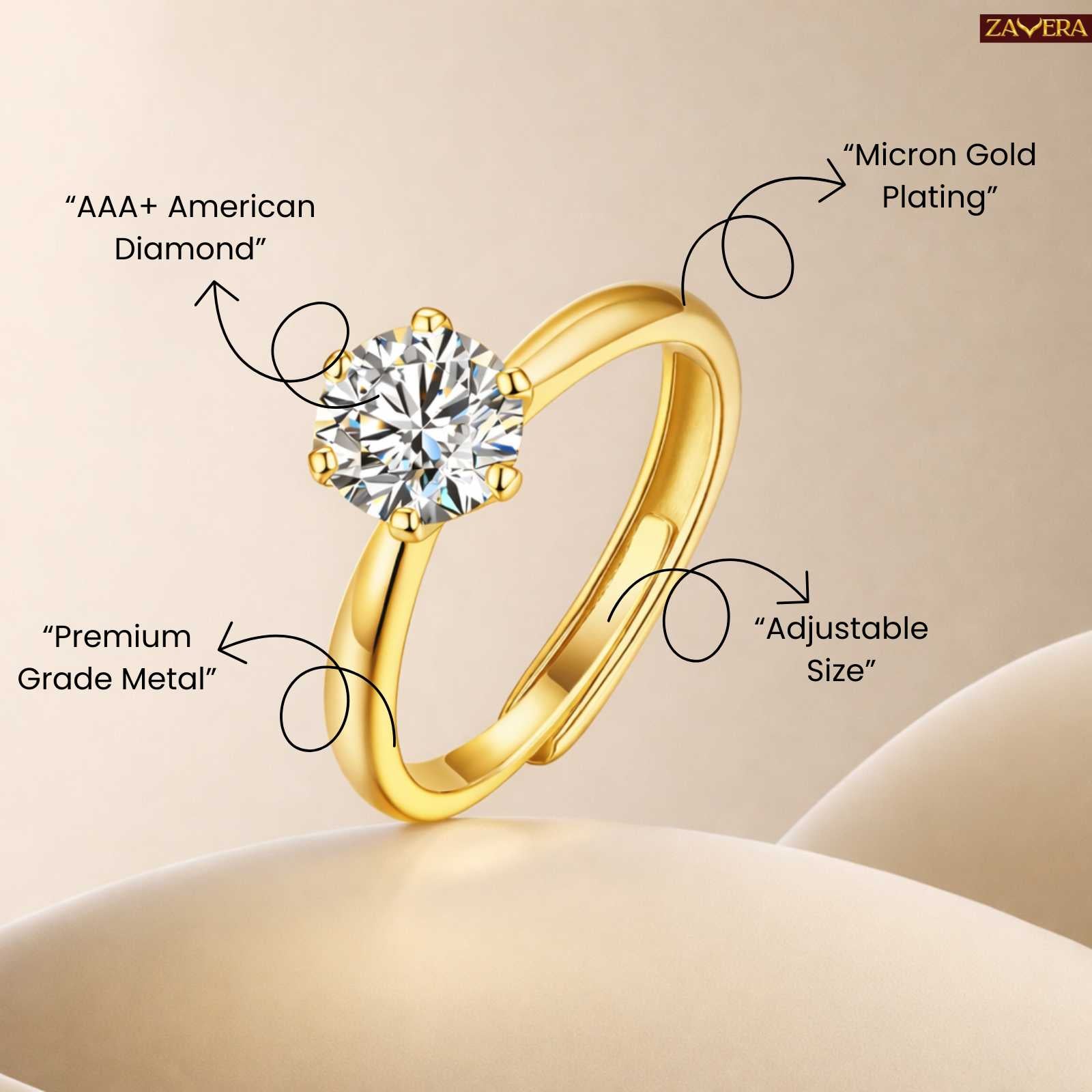Zavera Gold Plated Halo Round Stone Adjustable Ring