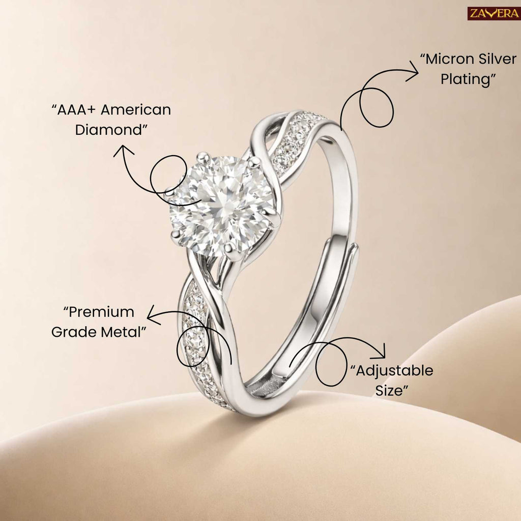 Zavera Silver Plated Infinity Twist Solitaire Adjustable Ring