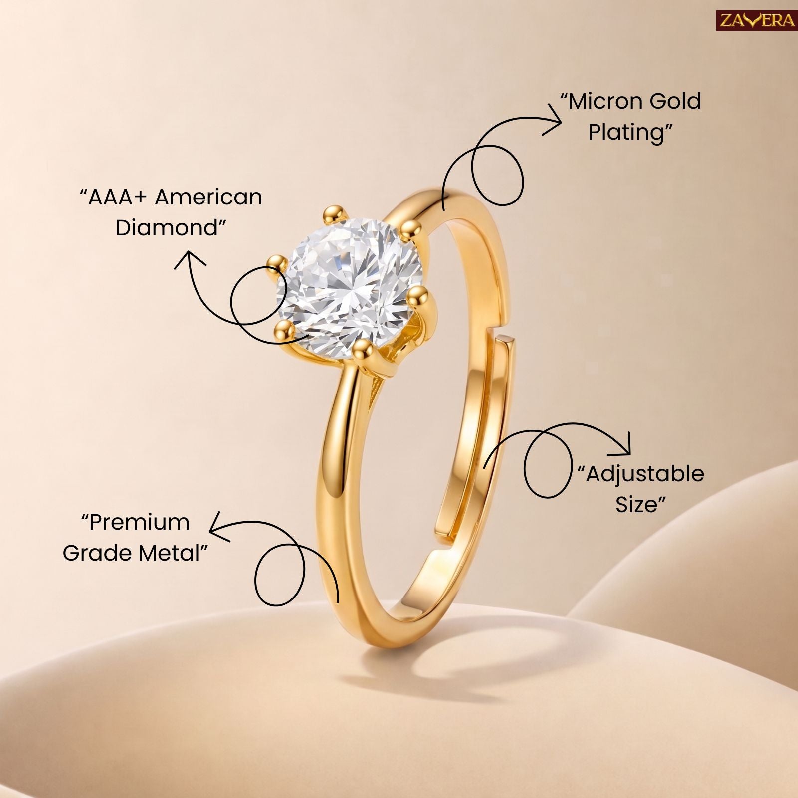 Zavera Brass 22K  Classic Round Cut Solitaire Gold Plated Ring For Women