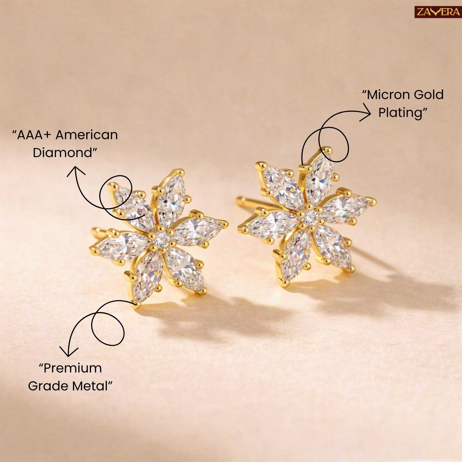 Zavera Blooming Floral Gold Plated Stud Earrings