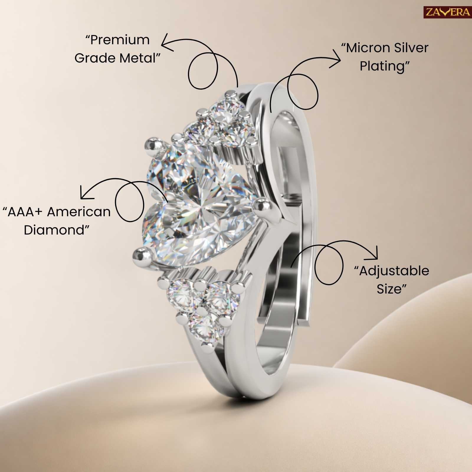 Zavera Silver Plated Heart Cut Sparkle Adjustable Ring