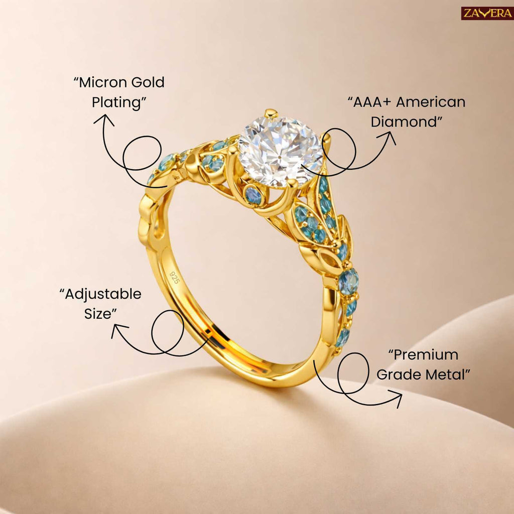 Princes Blue Crown Pure Gold Plated Adjustable  Ring