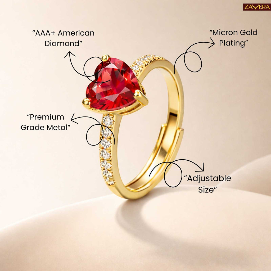 Gold Plated Blazing Red Heart Adjustable  Ring