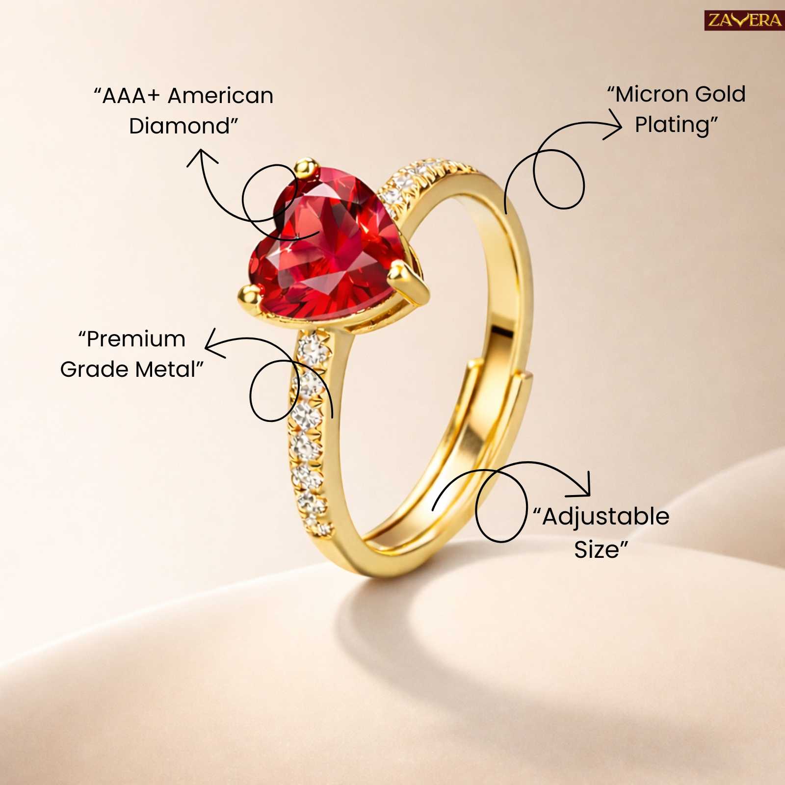 Gold Plated Blazing Red Heart Adjustable  Ring