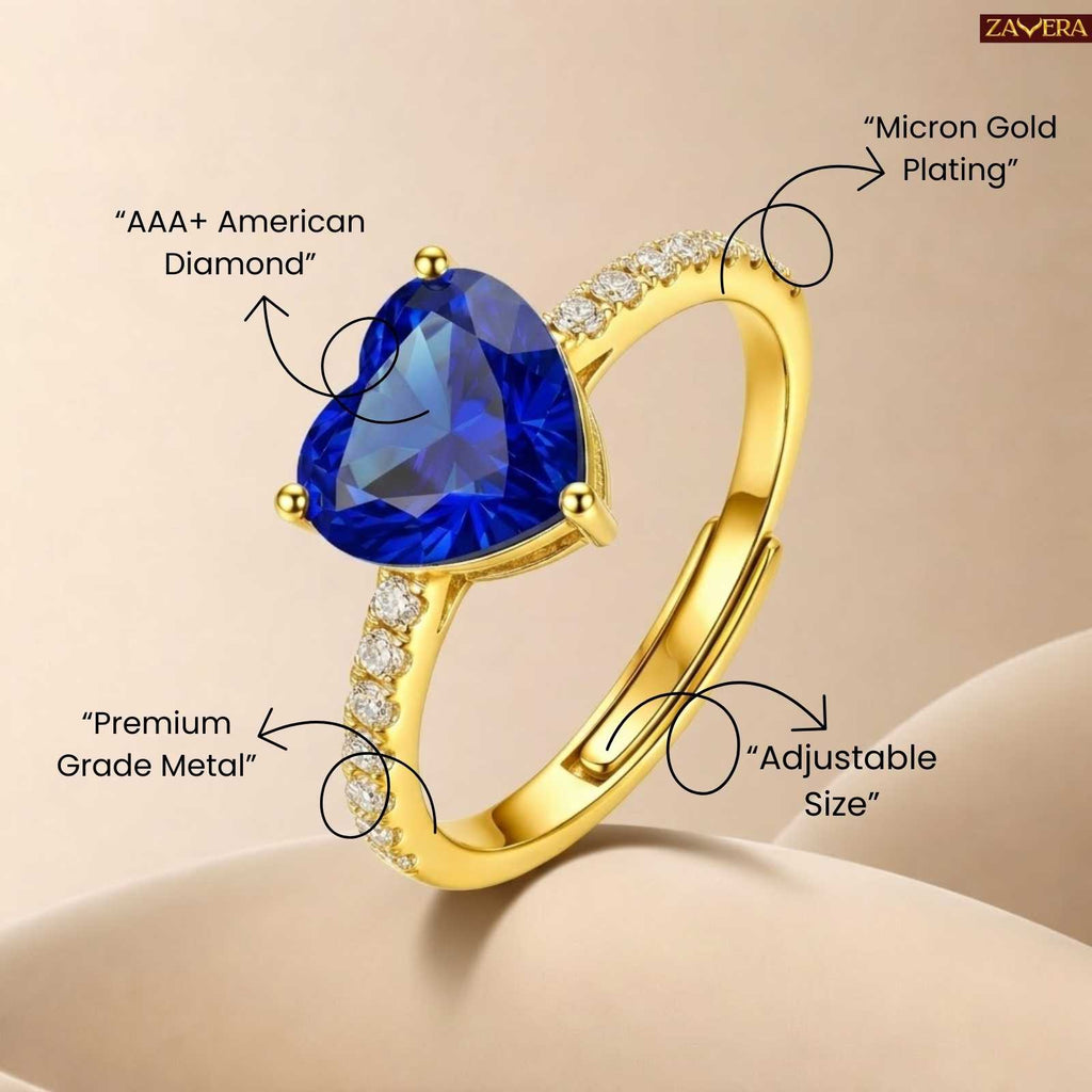 Gold Plated Timeless Heart & Sapphire Adjustable Ring
