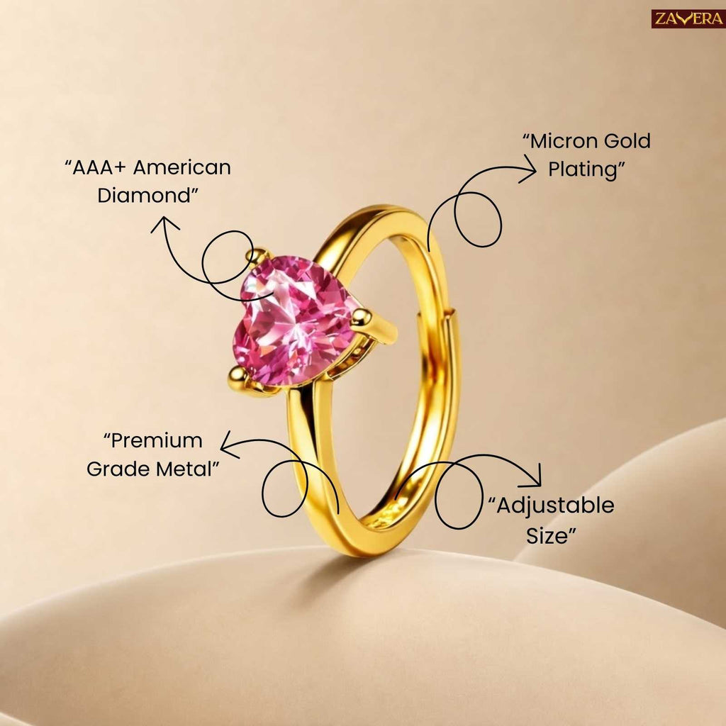 Pink Heart Gold Plated Adjustable Ring