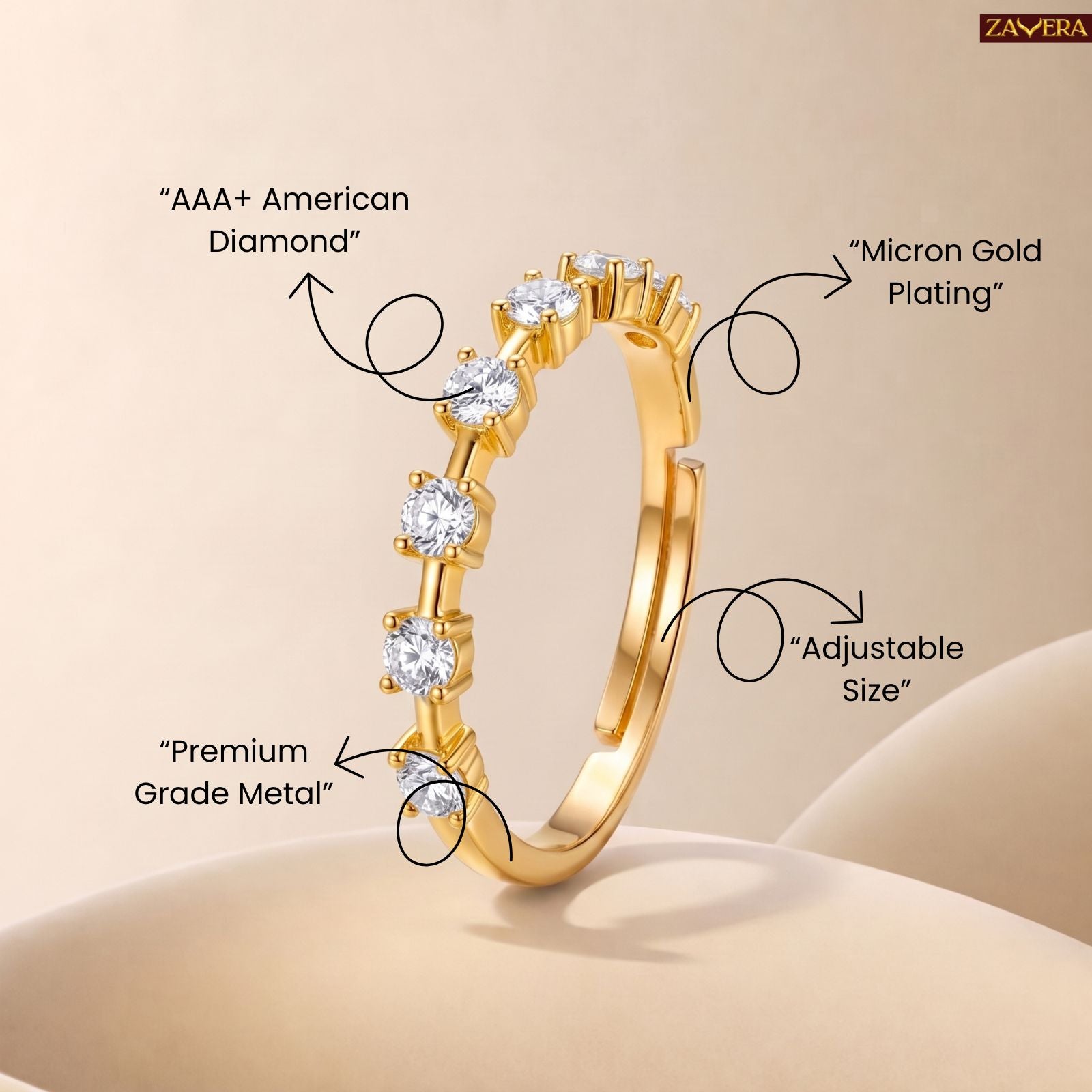 Zavera Brass 22K Delicate Diamond Band Gold Plated Adjustable Ring For Women