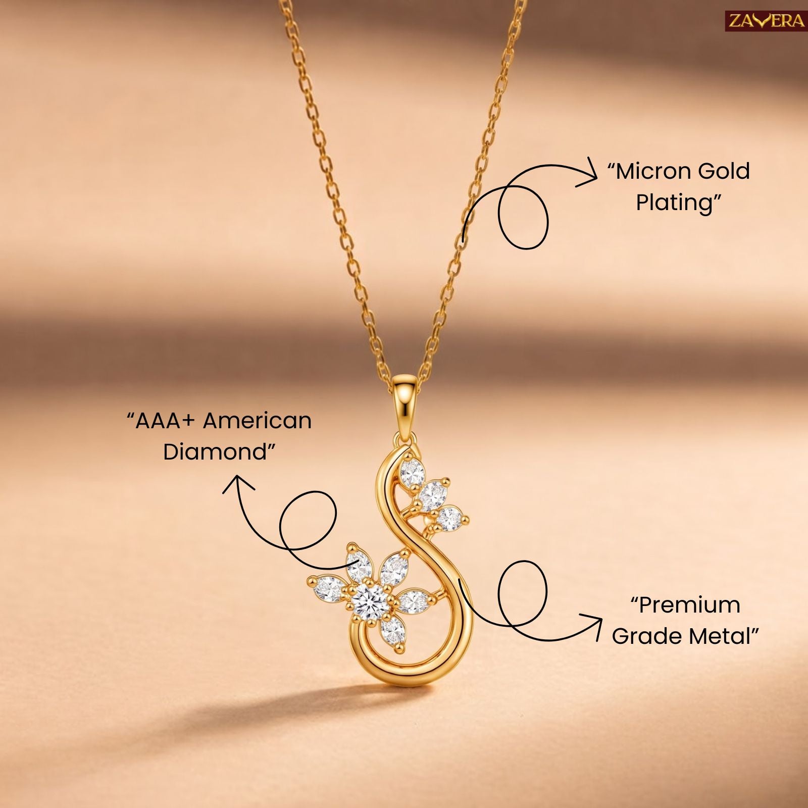 Zavera Gold Plated CZ Floral Swirl Pendant Necklace for Women
