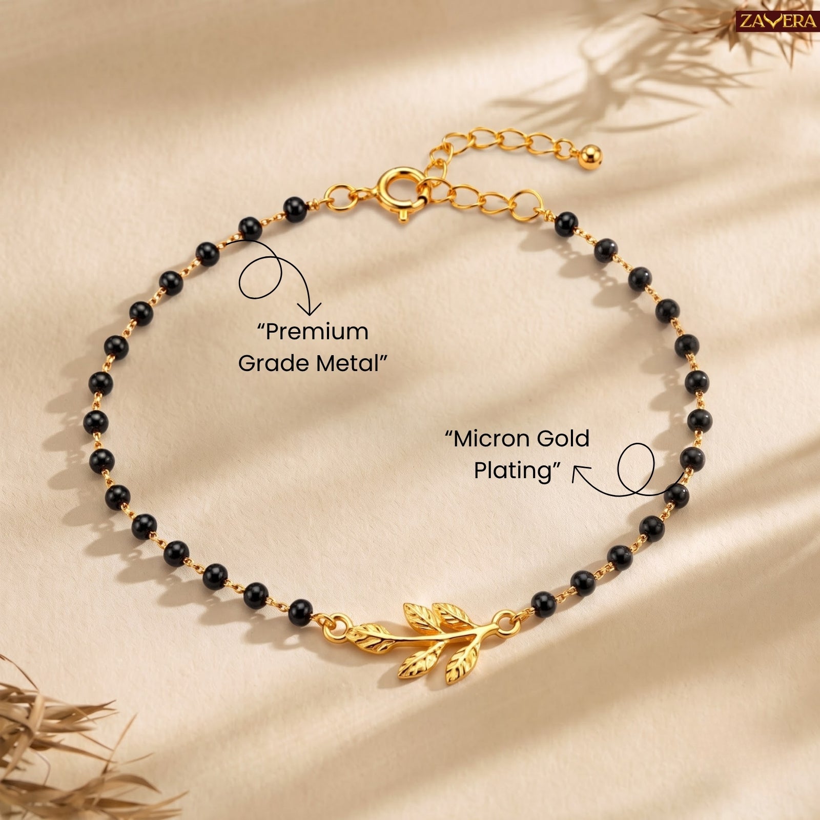 Zavera Gold Plated Black Bead Leaf Charm Bracelet for Women