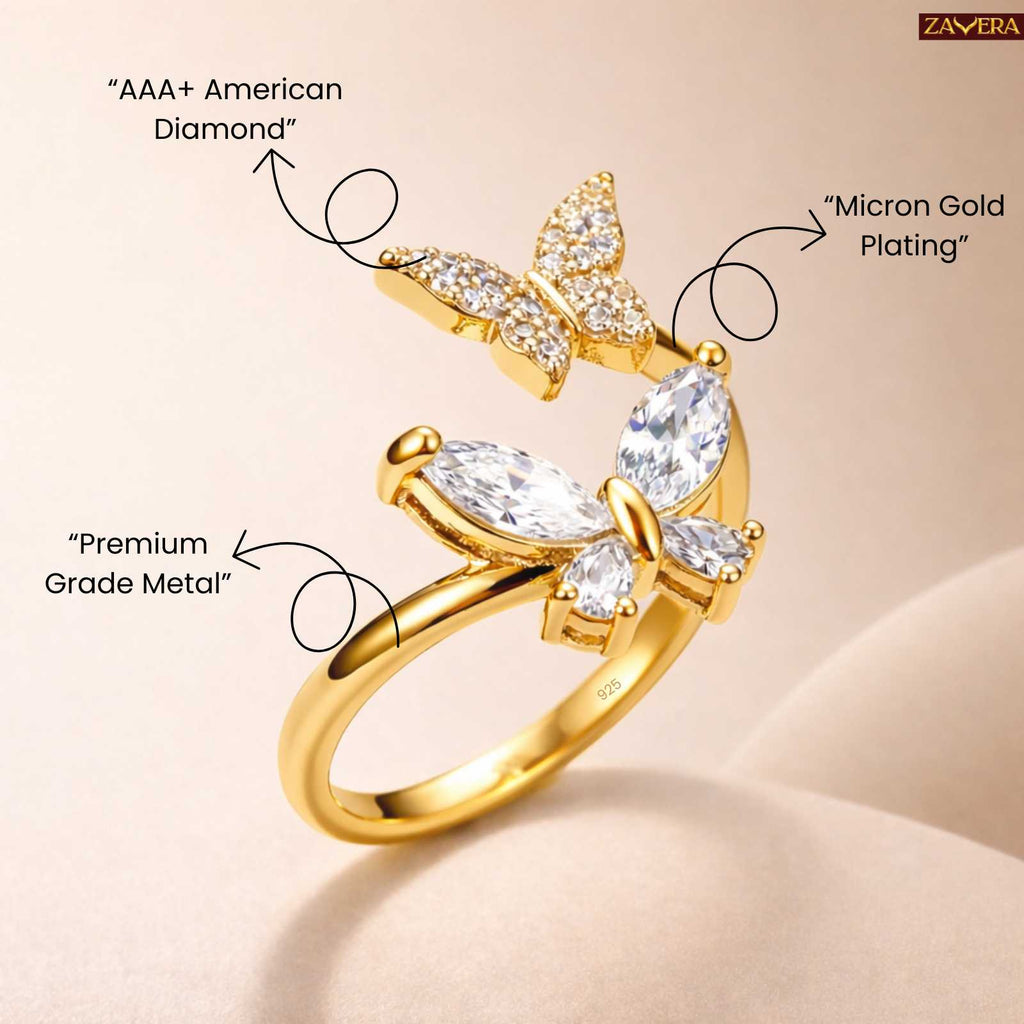 Zavera Gold Plated Butterfly Floral Adjustable Ring