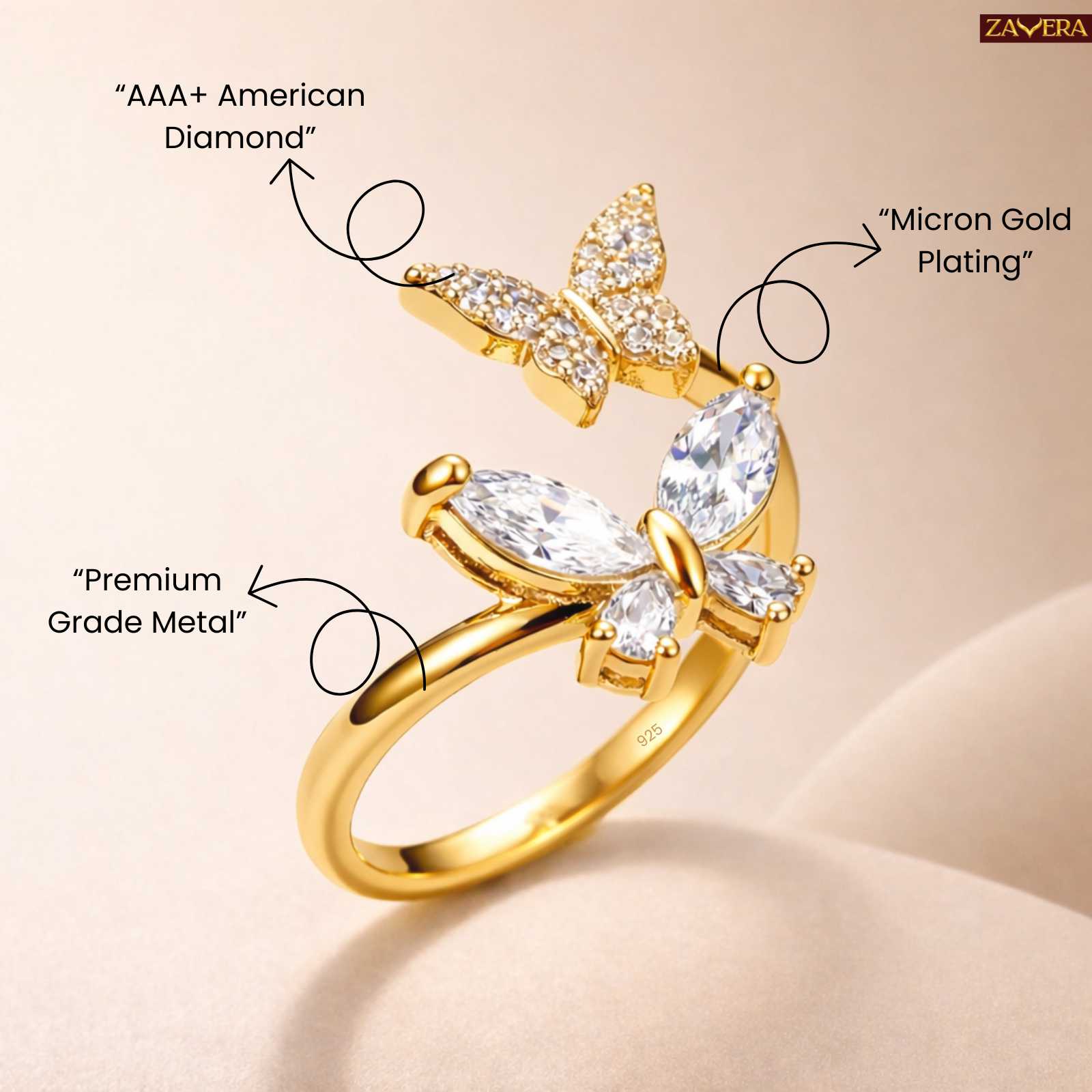 Zavera Gold Plated Butterfly Floral Adjustable Ring