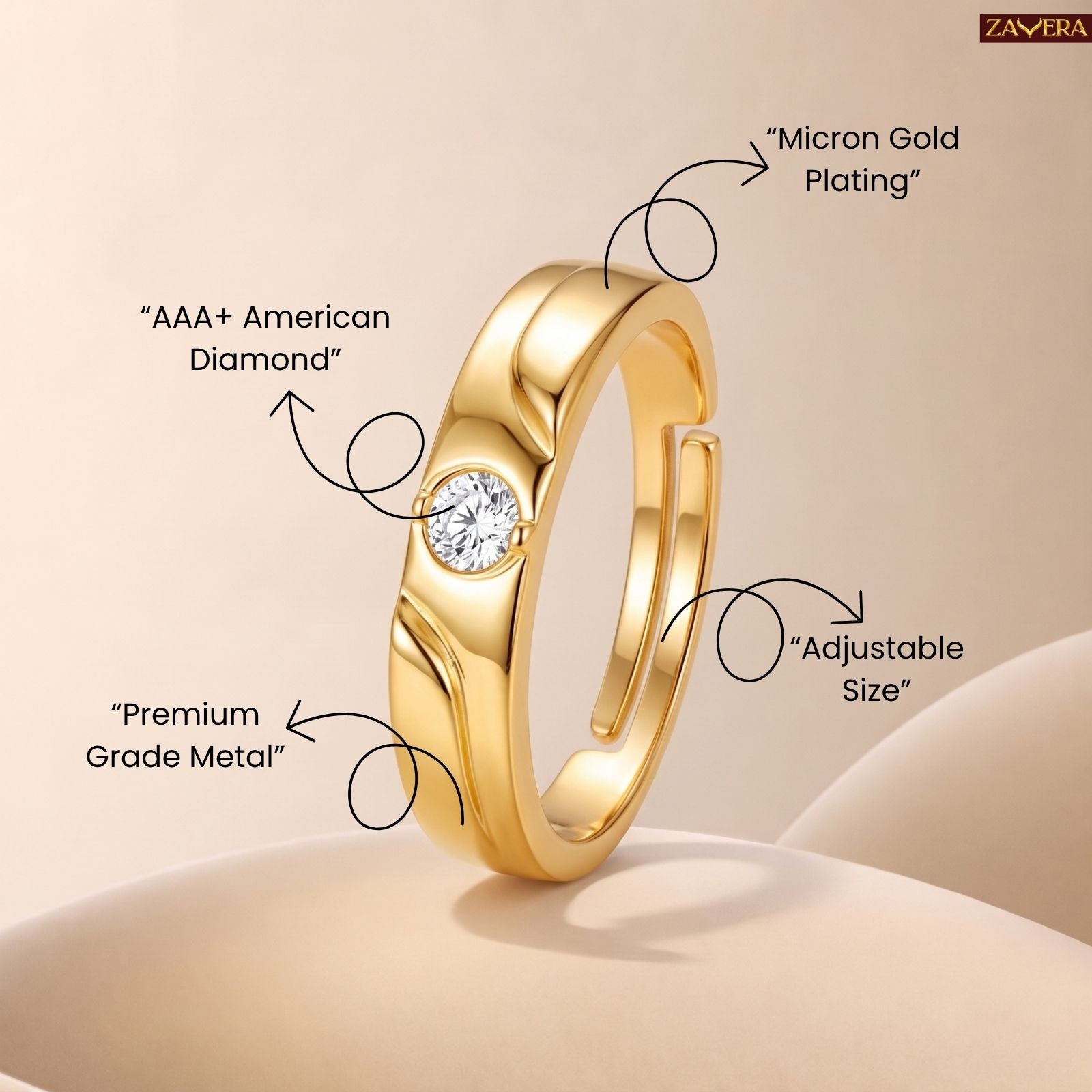 Zavera Brass 22K Adjustable Solitaire American Diamond Gold Plated Ring For Women
