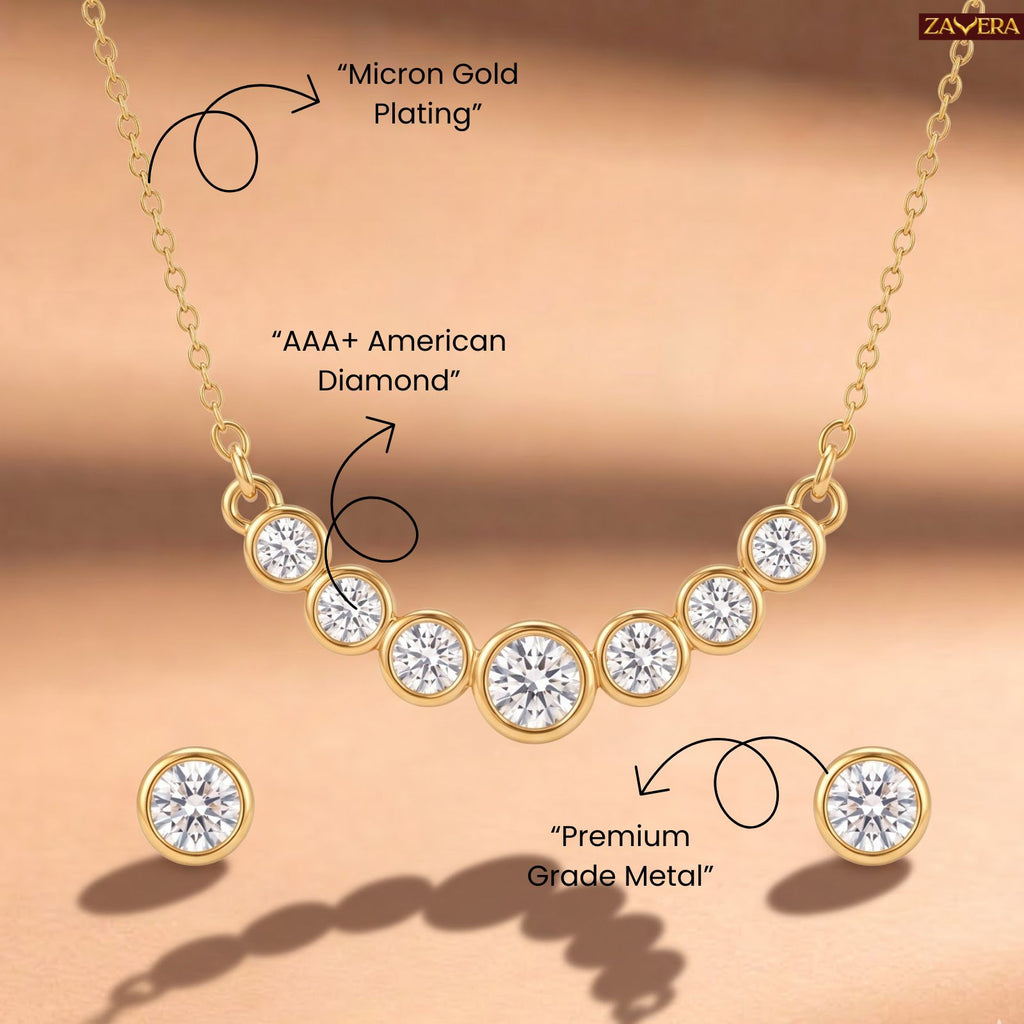 Zavera Gold Plated American Diamond Pendant with Stud Earrings for Women