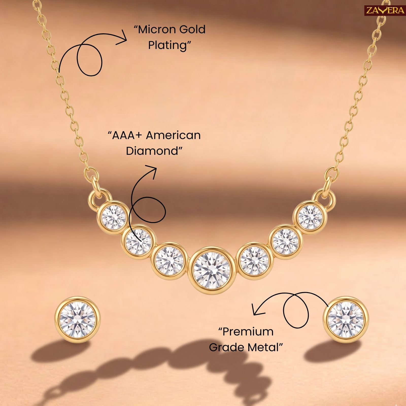 Zavera Gold Plated American Diamond Pendant with Stud Earrings for Women