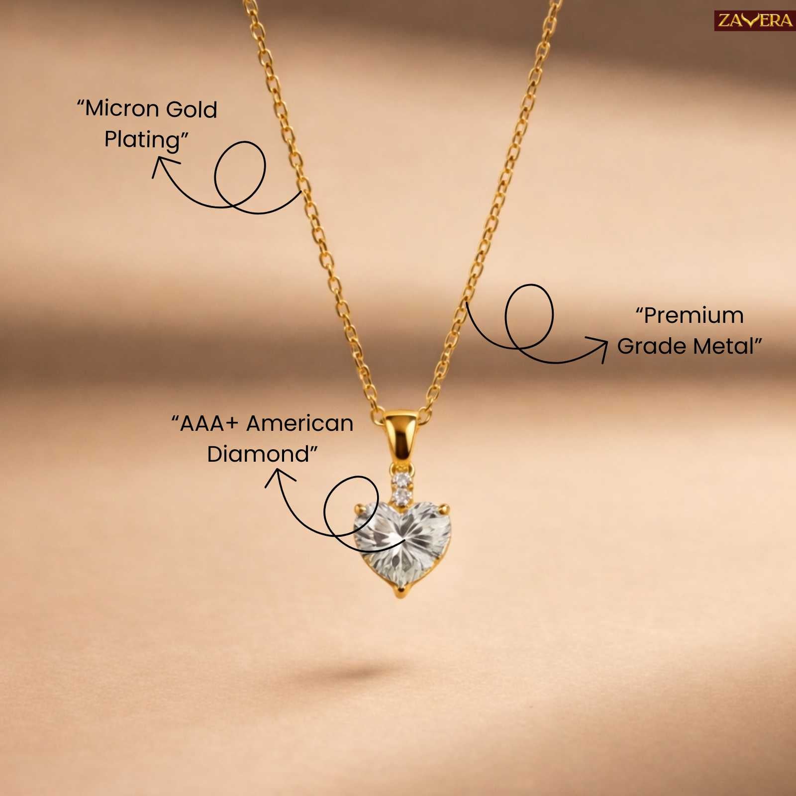 Zavera Classic Heart Solitaire Diamond Gold Plated Pendant