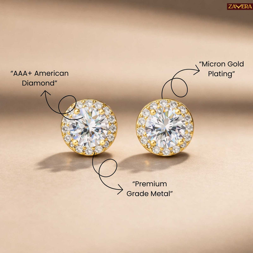 Zavera Gold Plated Round Halo American Diamond Stud Earrings for Women