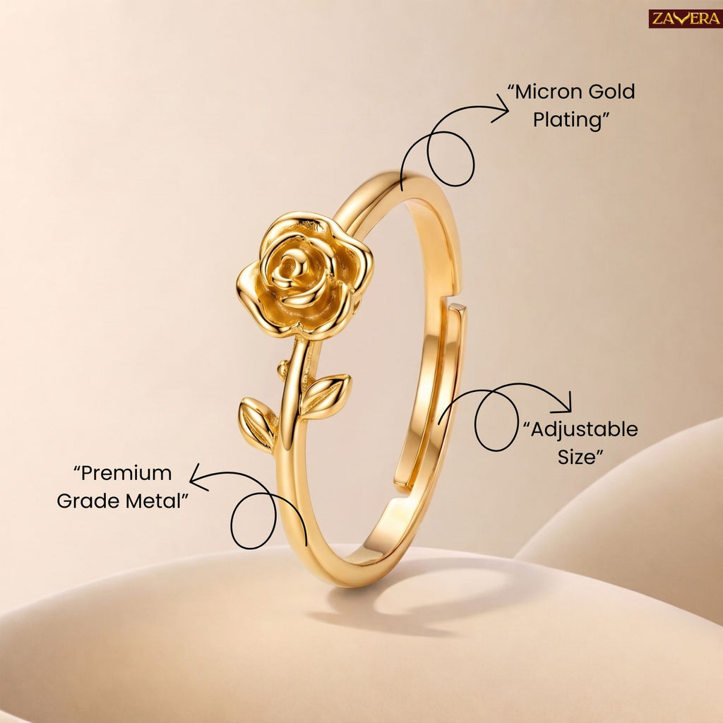 Zavera Brass 22K Rose Flower Gold Plated Adjustable Ring For Women