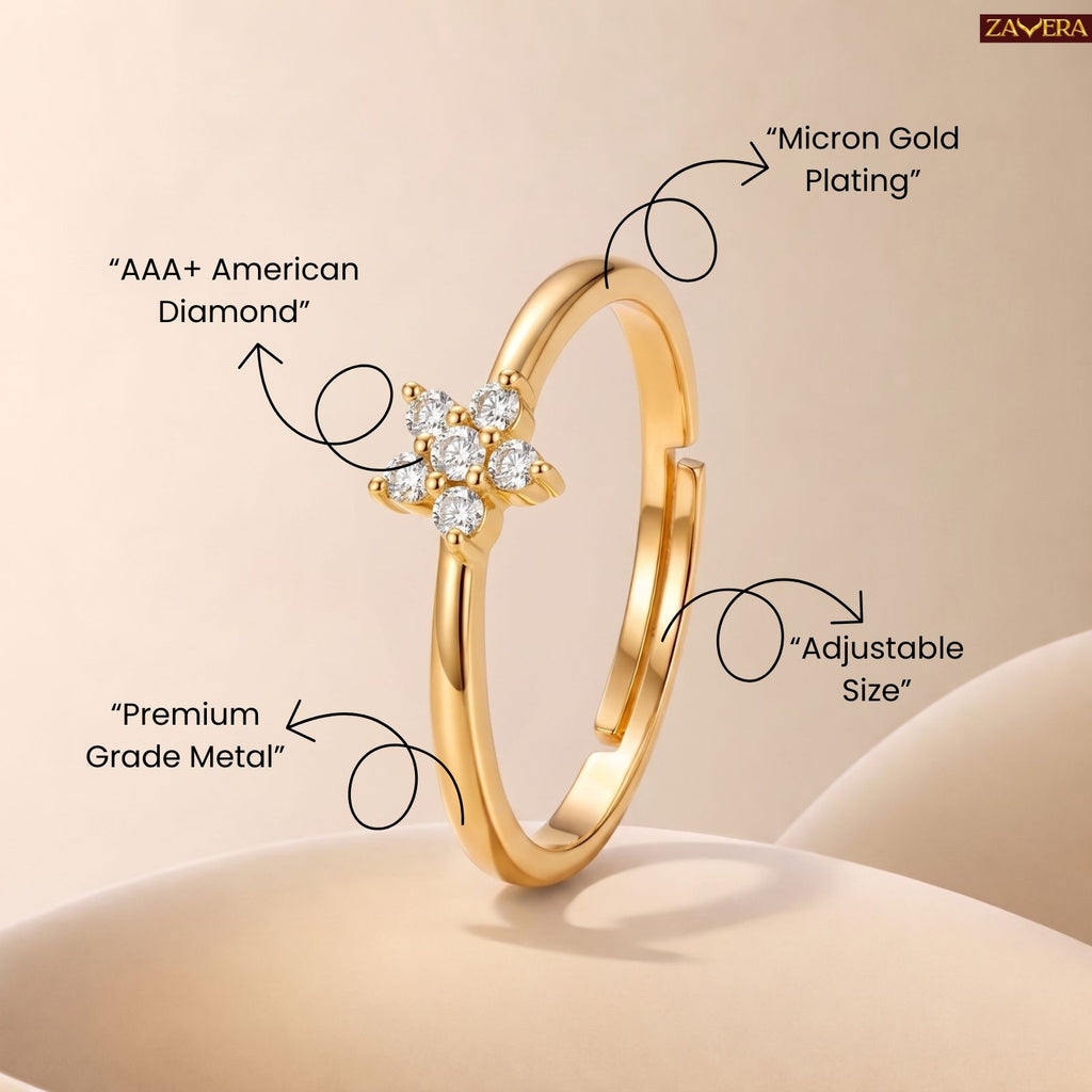 Zavera Brass 22K Floral Cluster Gold Plated Adjustable Ring For Women