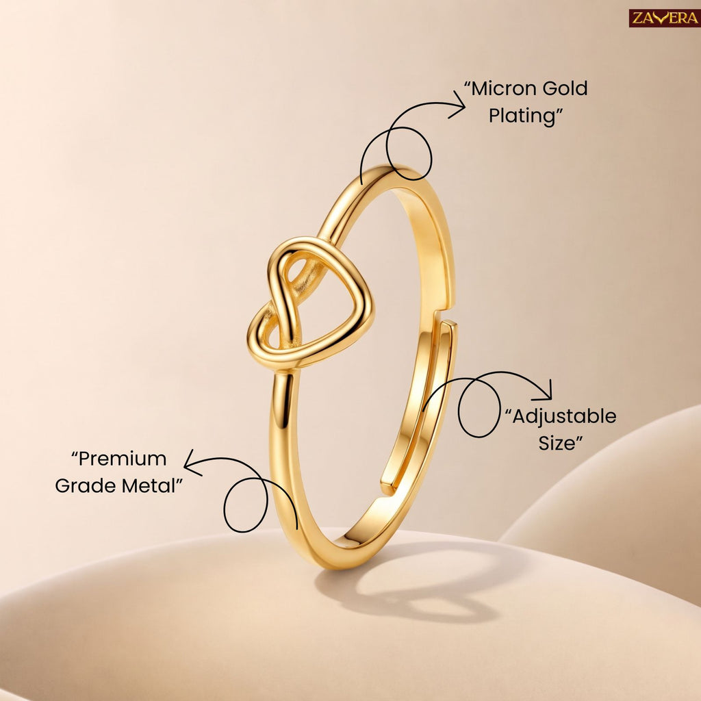 Zavera Brass 22K  Love Knot Heart Gold Plated Ring For Women